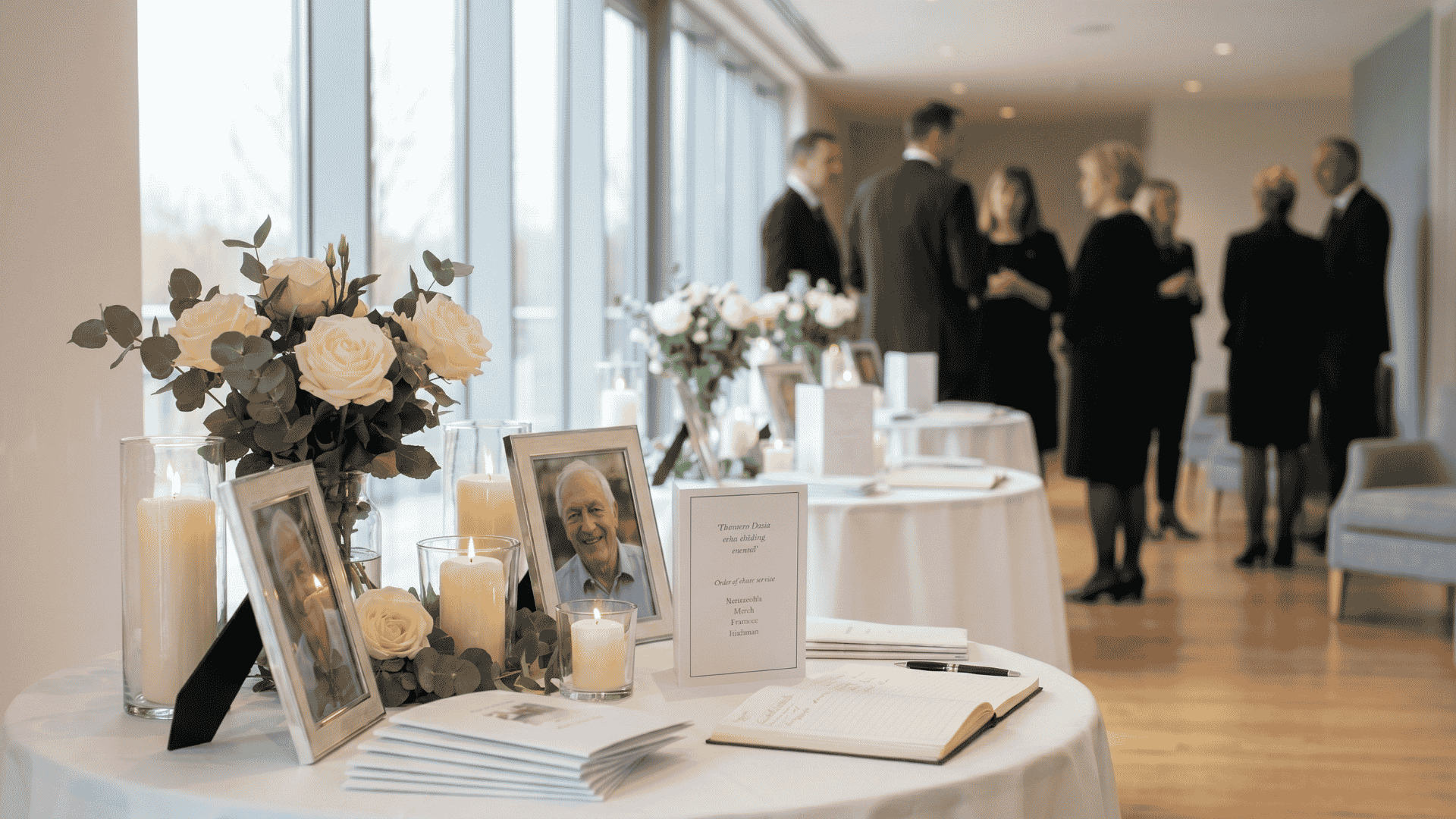 Simple funeral reception decoration with flowers, memory table, candles, and elegant seating