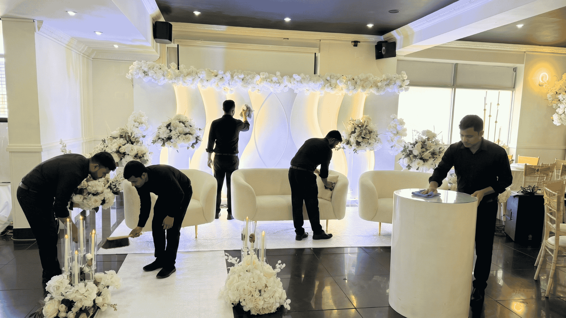 Dry hire wedding venue with elegant reception setup, round tables, floral décor, and flexible event space for a personalised wedding