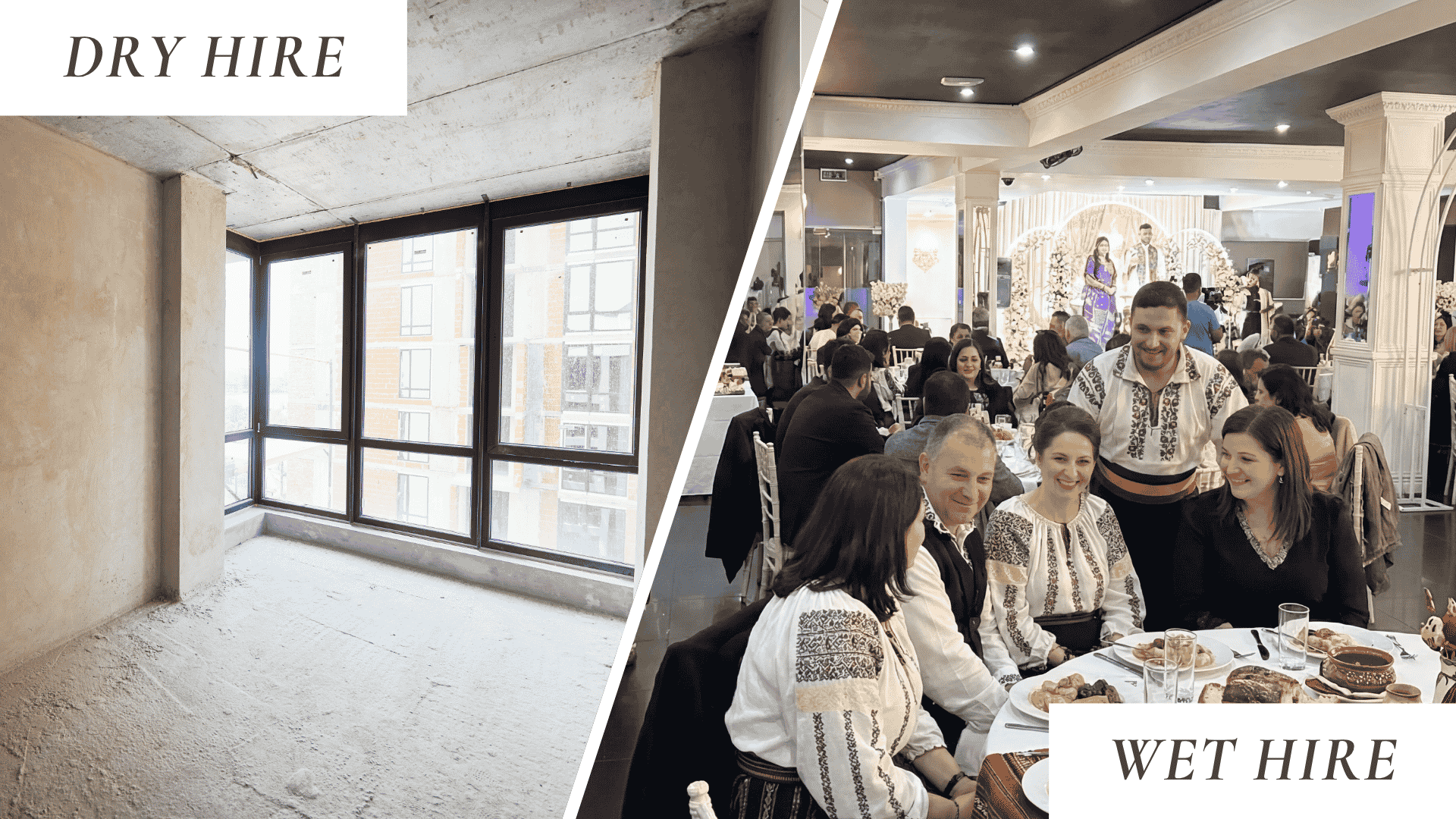 Comparison of a dry hire venue and wet hire venue showing flexible event hall setup and fully serviced reception space